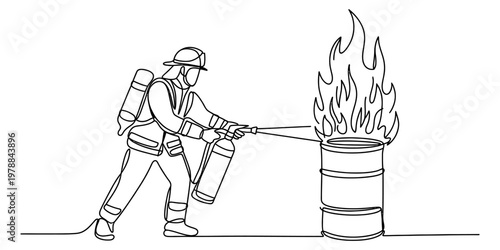 A continuous line drawing of a brave firefighter extinguishing a burning fire in a metal barrel Vector, illustration