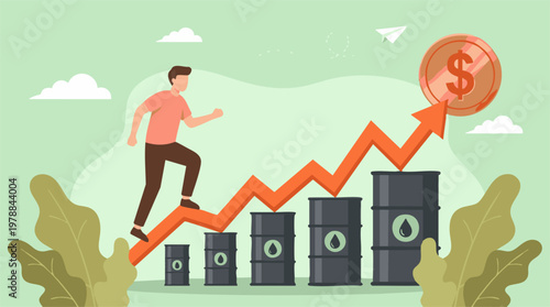 Financial growth and success in the oil industry, man climbing chart.