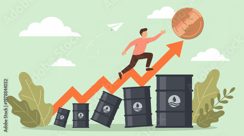 Man on upward arrow symbolizing rising oil prices and financial growth