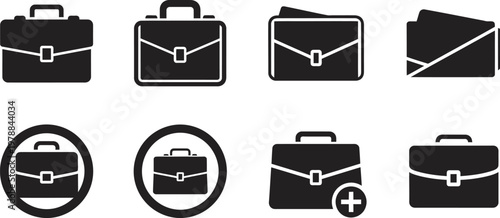 Collection of black silhouette briefcases and wallets a variety of business and travel accessory icons