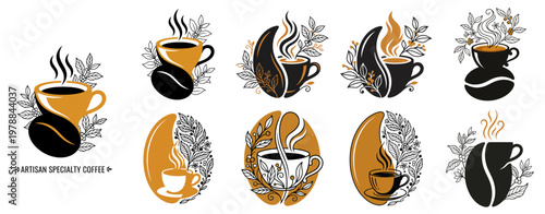 Minimalist Coffee Bean and Cup with Botanical Line Art, Flat Vector Illustration in Black White Amber