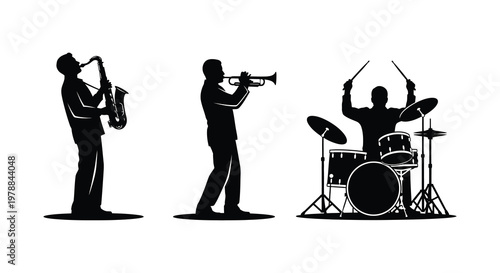 A striking depiction of a jazz trio performing with a saxophone trumpet and drums a bold silhouette high quality professional