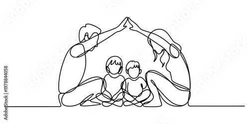A single line drawing of parents protecting their two children under a roof shaped by their arms Vector, illustration