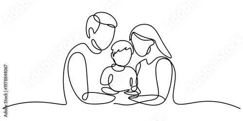 A minimalist single line drawing of a happy family unit featuring a father mother and their child Vector, illustration