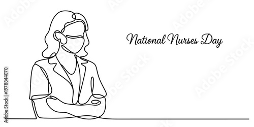 A single continuous line drawing of a professional nurse wearing a medical mask for national day Vector, illustration