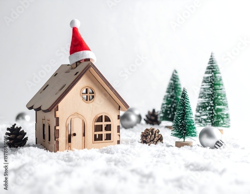 Festive Christmas scene with miniature house and decorations.