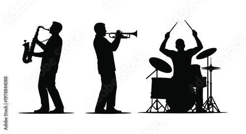 A striking black silhouette depicts a jazz trio performing with a saxophone trumpet and drum set silhouette high quality professional detailed