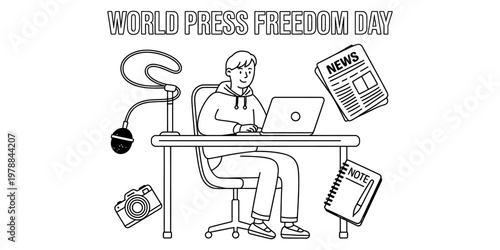 A line art illustration depicting a journalist working at a desk on world press freedom day. Vector, illustration