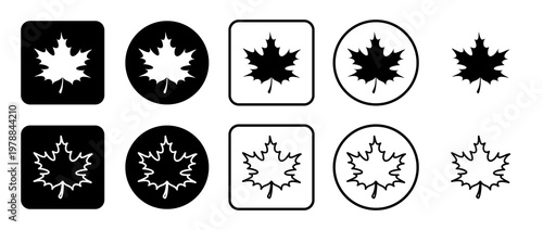 Icon set of maple leaf. Filled, outline, black and white icons set, flat style.  Illustration on transparent background