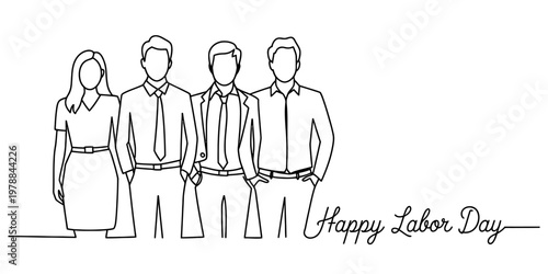 Continuous line drawing of a diverse professional group celebrating the annual labor day holiday Vector, illustration
