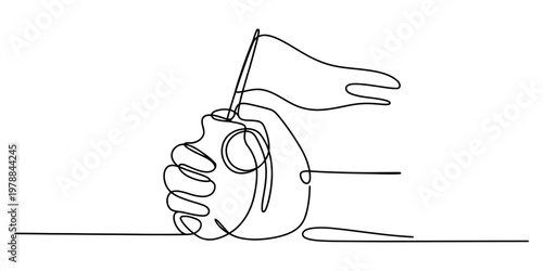 A minimalist single line drawing of a human hand holding a small flag representing achievement Vector, illustration