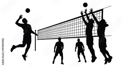 A dynamic scene of volleyball players in action jumping and reaching for the ball presented as a silhouette high quality professional