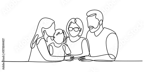 A beautiful continuous line drawing illustration depicting a happy family of four together forever