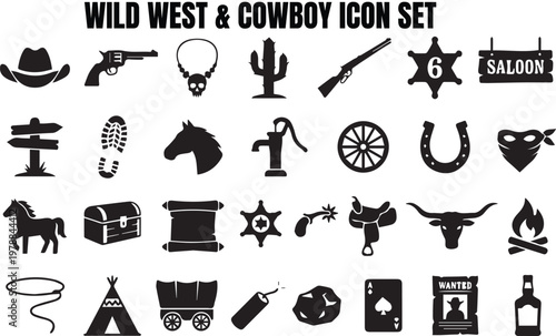 Collection of black silhouette icons represents various elements commonly associated with the wild west and cowboy culture.