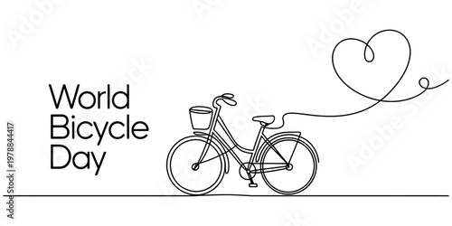 A single continuous line drawing of a city bicycle creating a heart shape on a white background