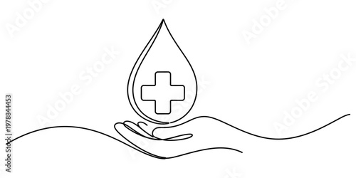 A single continuous line drawing of a human hand holding a medical cross inside a water droplet.