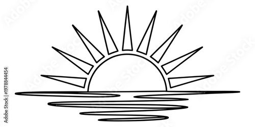 A black and white line art illustration of a rising sun reflecting over a calm ocean horizon. Vector, illustration