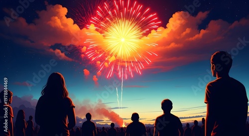 People watching red and yellow fireworks explode in evening sky