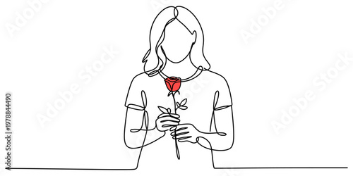 A single continuous line drawing of a woman holding a vibrant red rose against a white background