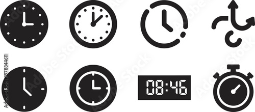 Collection of black clock and time related icons representing various timekeeping methods