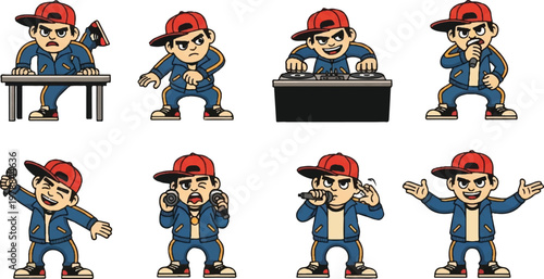 Cartoon rapper poses in various actions and gestures vector illustration