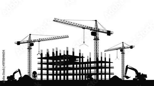 Industrial tower cranes working on a multi story building frame structure alongside heavy earth moving machinery at a busy urban construction development site on white background