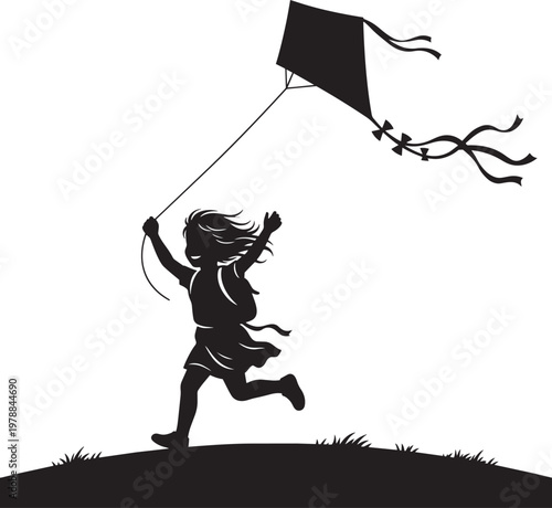 Child running with kite icon set with kite flying, child silhouette, and childhood memory
