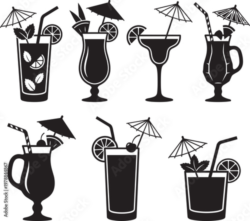 Collection of seven cocktail drinks with garnishes and umbrellas for happy hour and drink icon