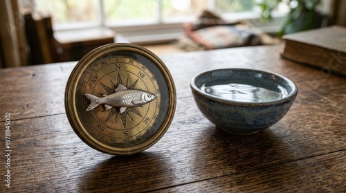Artistic Still Life: A vintage compass featuring a fish design rests beside a serene bowl, invoking a sense of tranquility and artistic curiosity.