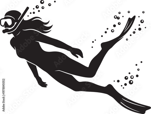 Diver icon set with female, silhouette, and fins in outline style for underwater and mask