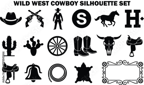 Collection of wild west cowboy silhouette icons featuring a hat, guns, cowboy letter s horse letter h cactus cacti wagon wheel boots bull skull saddle bell rope animal pelt and ornate
