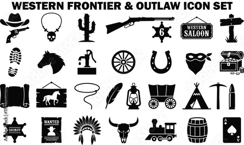 Collection of western frontier and outlaw themed icons including a cowboy hat, pistol, skull necklace cactus rifle sheriff badge saloon sign and directional sign.