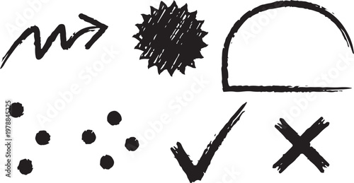 Sketch line frames, pointers. Doodle arrow, circle, oval and square shape frame, check mark elements. Freehand black marker, pen underline and navigation symbols.
