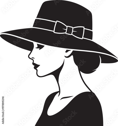 Elegant Woman in Wide Brimmed Hat with Bow Silhouette in outline style for profile and classic