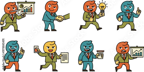 Cartoon business characters in various actions presentation negotiation ideas