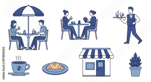 People eating at cafe tables outside.