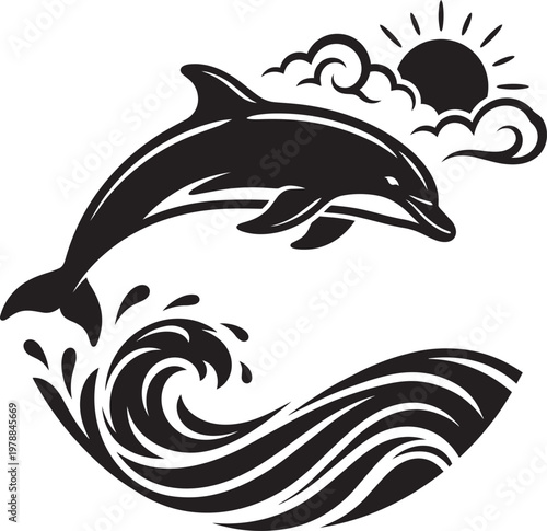 Jumping dolphin and waves illustration with sun and clouds for wave and ocean