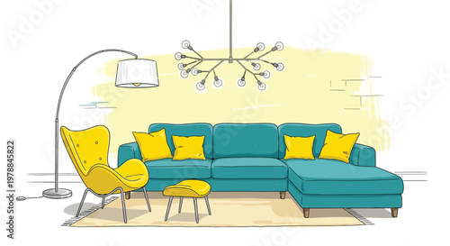 A brightly colored living room interior featuring a teal sectional sofa yellow chair and modern lighting
