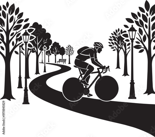 Man riding bicycle on curved park path with lampposts and trees in outline style