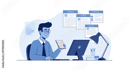 Businessman working on computer desk.