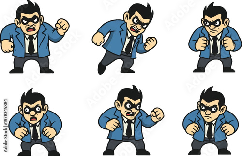 Cartoon character poses in a blue suit anger and aggression expression