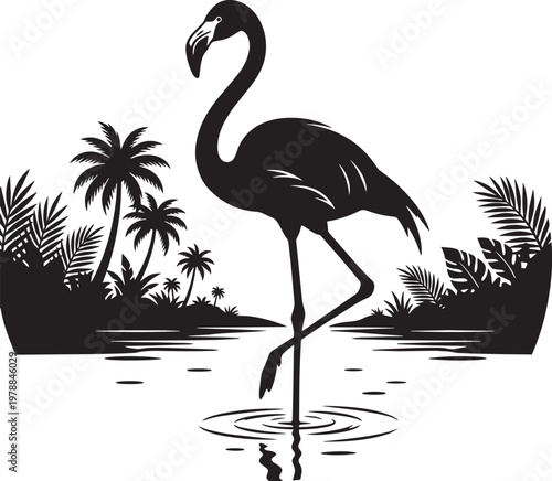 Palm tree icon set with one leg, black and white, and flamingo in outline style