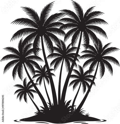 Palm trees icon set with organic shape, silhouette, and island in outline style