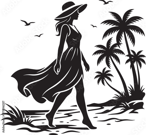 Palm trees icon set with woman, hat, and silhouette in outline style for beach and walking