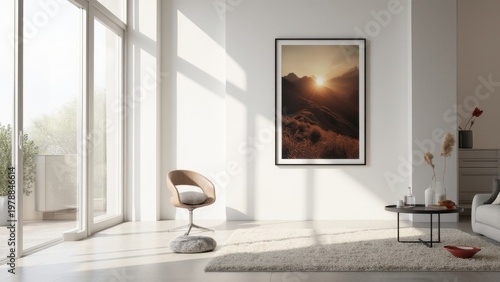 This image depicts a contemporary living room with minimalistic design, featuring large windows that allow for abundant natural light. The room is adorned with a stunning abstract artwork that adds a