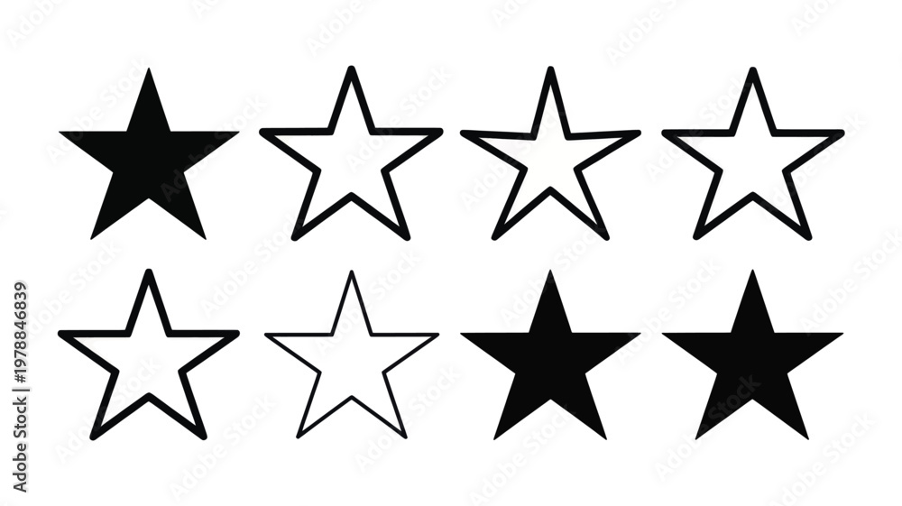 Fototapeta premium Collection of solid and outline stars displayed in two rows creating a simple geometric pattern on white background