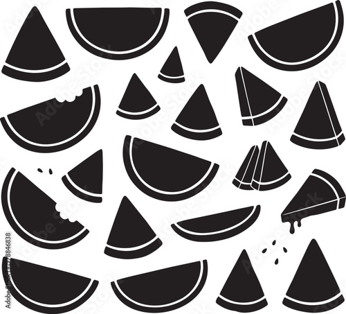 Pattern of dark grey watermelon slices in various shapes and sizes