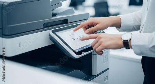 A person's hands using the touch screen of a modern office multifunction printer