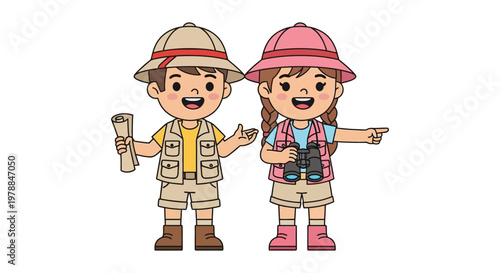 Two cheerful cartoon children a boy and a girl dressed as explorers point forward with enthusiasm silhouette high quality professional detailed