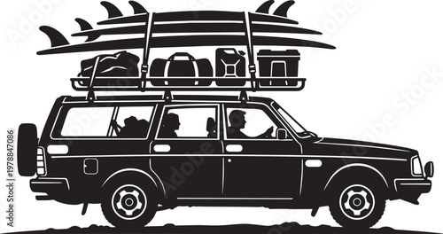 Station wagon car loaded with surfboards and gear on roof rack